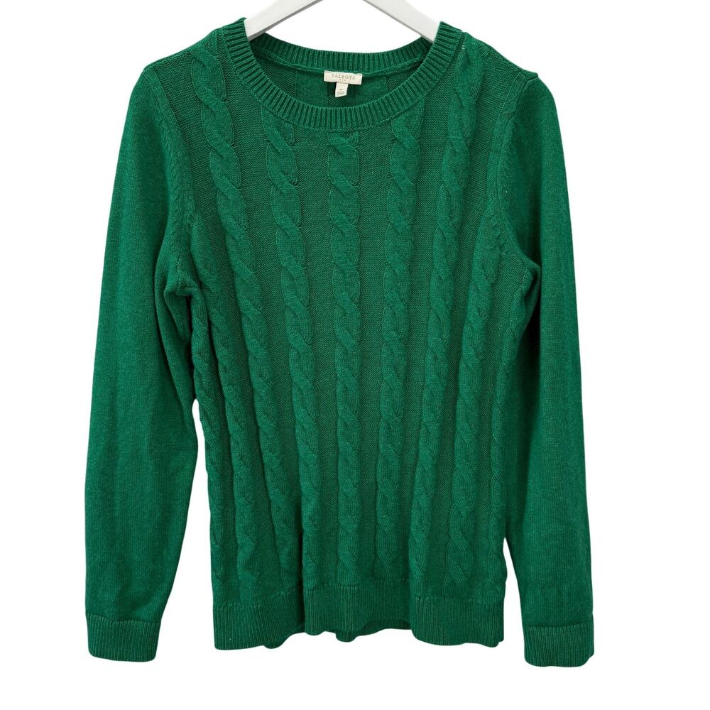 Talbots Cable Knit Sweater Size M Long Sleeve Green Cotton Blend Womens